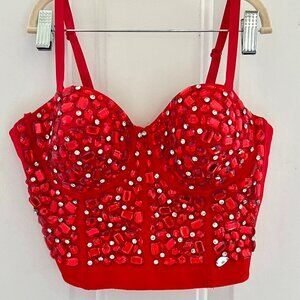 AM Semi-custom Red Corset top with large rhinestones